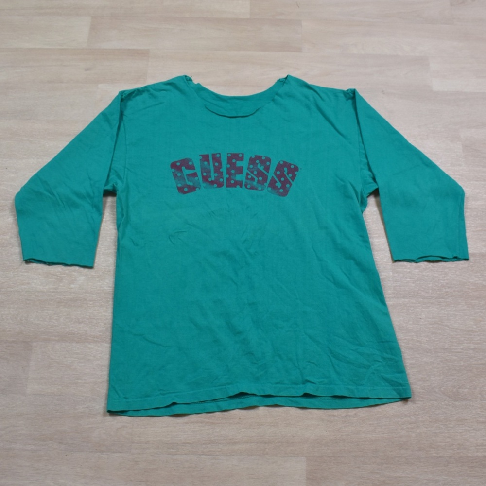 80s GUESS 3/4 Sleeve T-Shirt Tee Single Stitch Teal VTG 1980s Cut Neckline